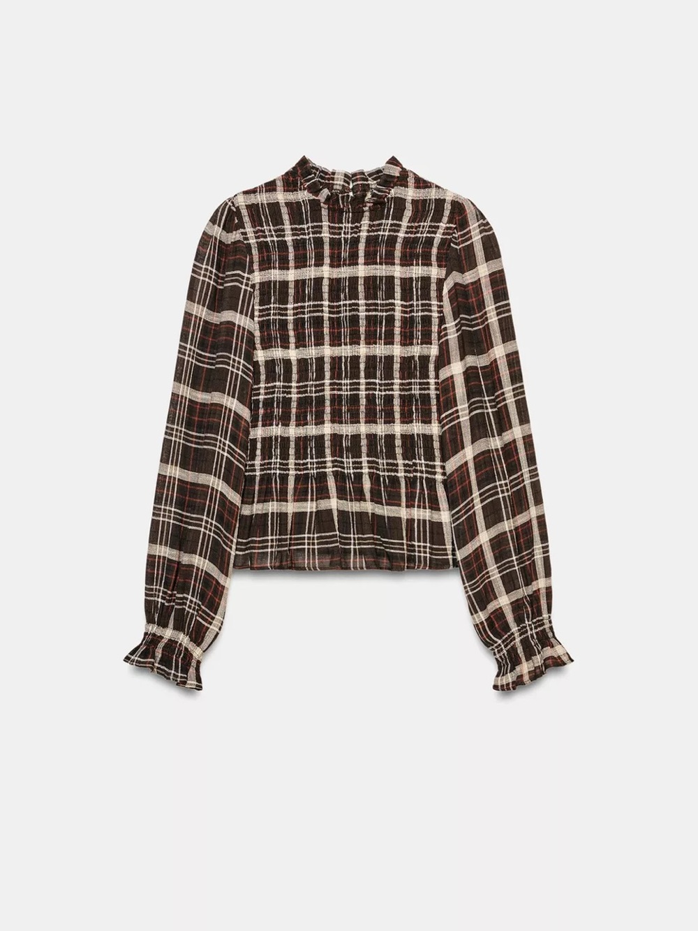 Zara Brown Plaid Smocked Peplum Blouse - Picture 4 of 5